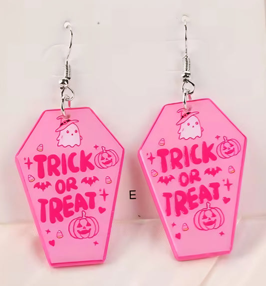 PREORDER Halloween Pink Trick Or Treat Coffin Acrylic Dangle Earrings