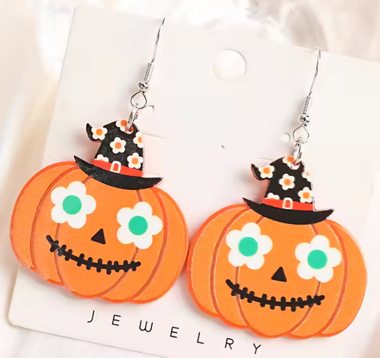 PREORDER Halloween Flower Jack O Lantern Acrylic Dangle Earrings