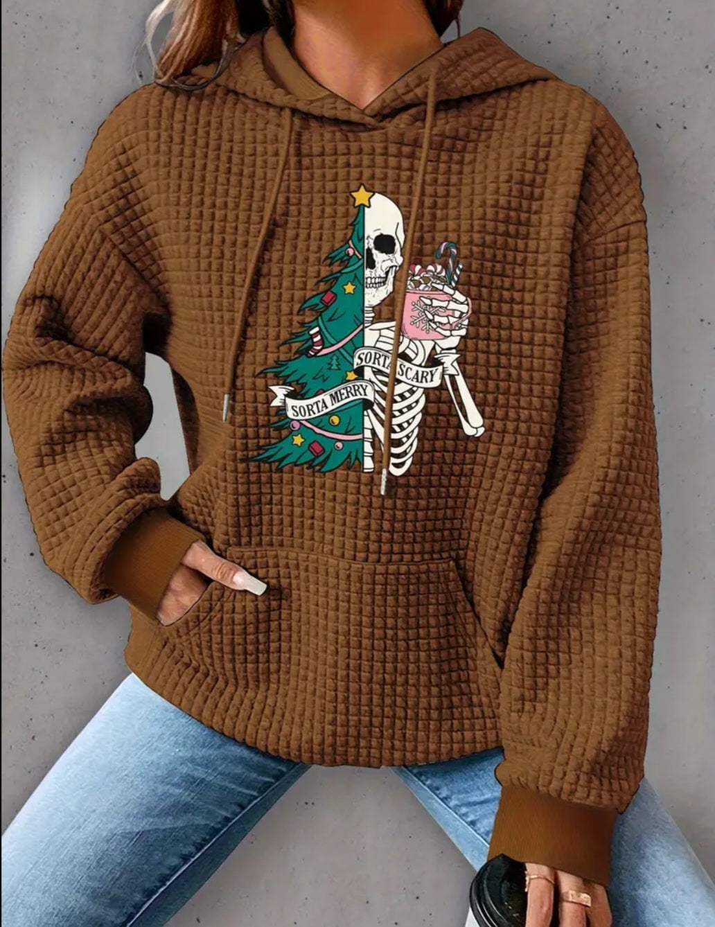 PREORDER Halloween Sorta Merry Sorta Scary Knit Waffle Pullover Hooded Sweater