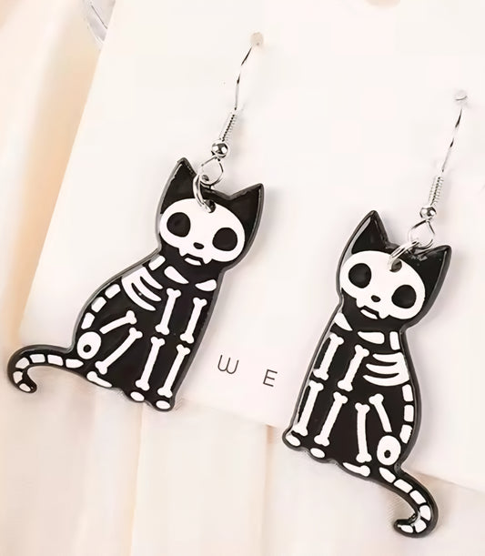 PREORDER Halloween Black Cat Skeleton Acrylic Dangle Earrings