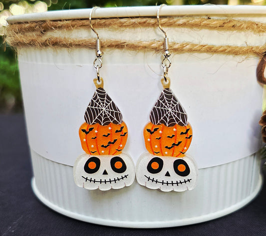 HALLOWEEN White Jack O Lantern Three Pumpkin Acrylic Dangle Earrings