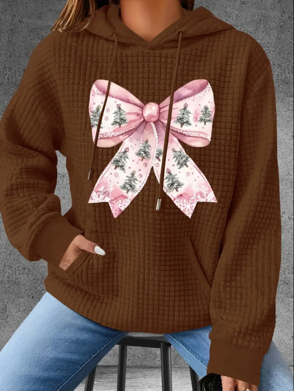 PREORDER Christmas Tree Bow Knit Waffle Pullover Hooded Sweater