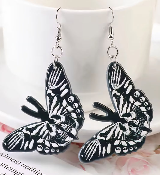 PREORDER Halloween Skull Butterfly Acrylic Dangle Earrings