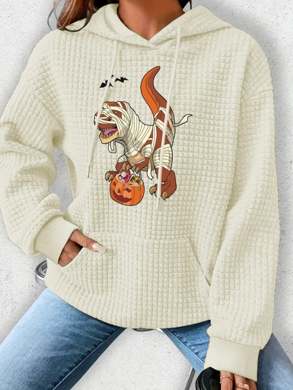 PREORDER Halloween T-Rex Mummy Trick Or Treater Knit Waffle Pullover Hooded Sweater