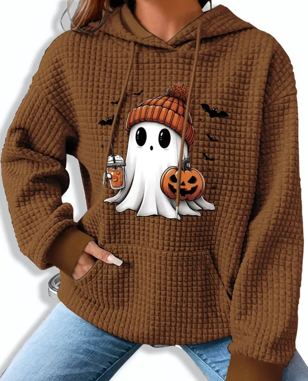PREORDER Pumpkin Spice Ghost Knit Waffle Pullover Hooded Sweater