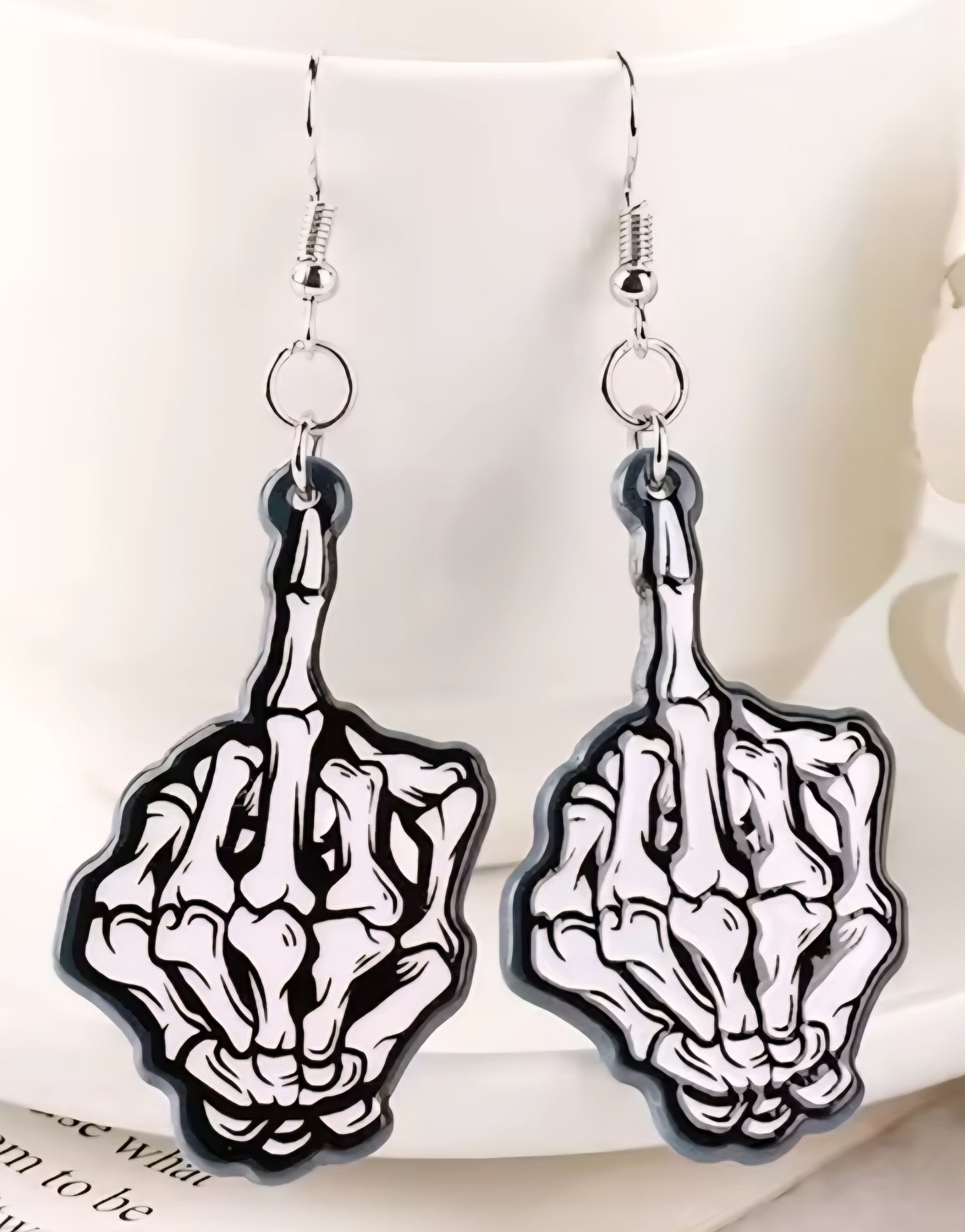 PREORDER Halloween Middle Finger Skeleton Acrylic Earrings