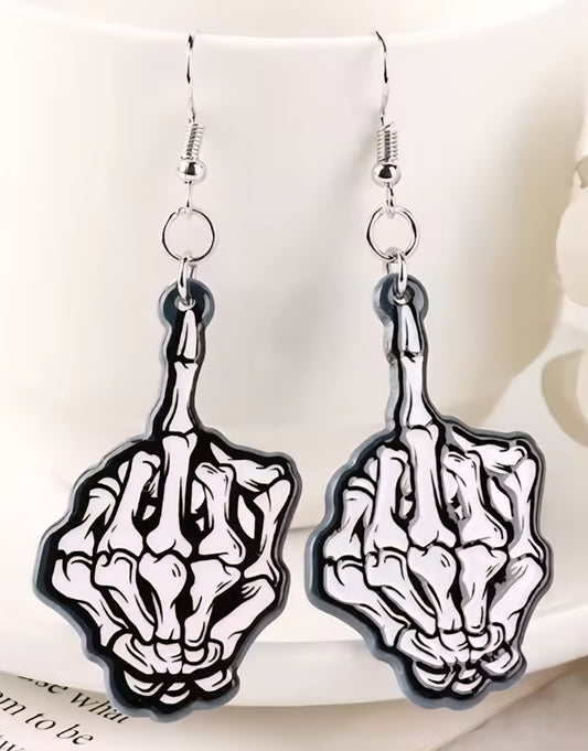 PREORDER Halloween Middle Finger Skeleton Acrylic Earrings