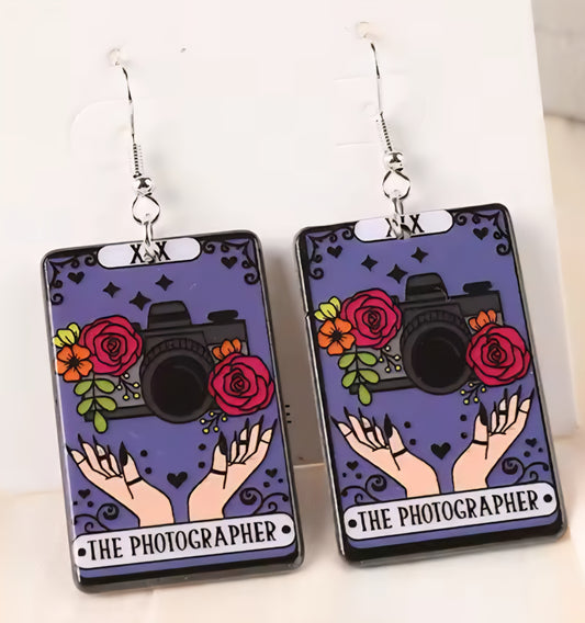 PREORDER Halloween The Photographer Tarrot Card Acrylic Earrings
