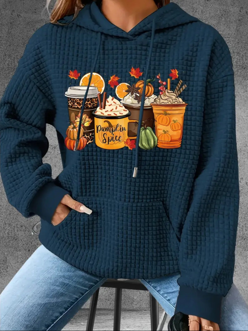 PREORDER Pumpkin Spice Frappes Knit Waffle Pullover Hooded Sweater