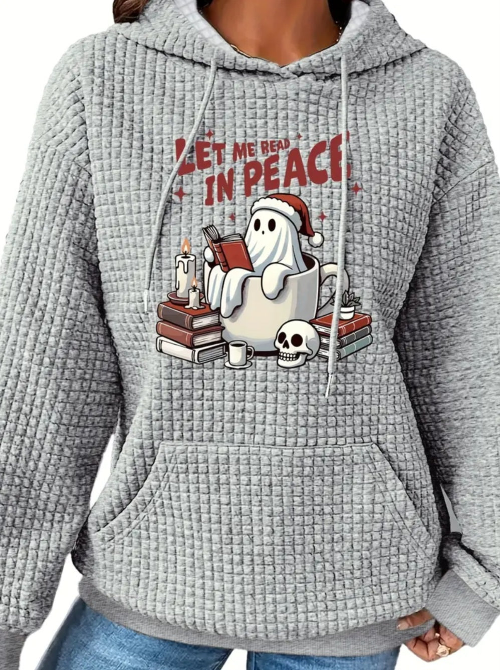 PREORDER Halloween Let Me Read In Peace Knit Waffle Pullover Hooded Sweater
