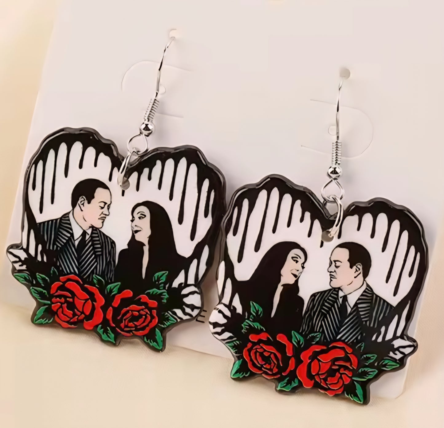 PREORDER Halloween Floral Heart Gomez & Morticia Acrylic Dangle Earrings