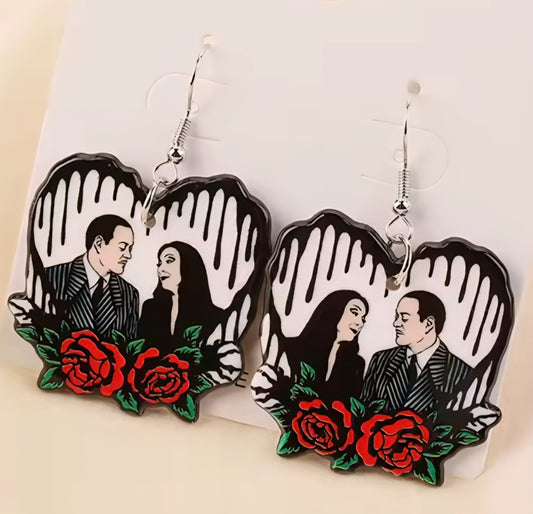 PREORDER Halloween Floral Heart Gomez & Morticia Acrylic Dangle Earrings