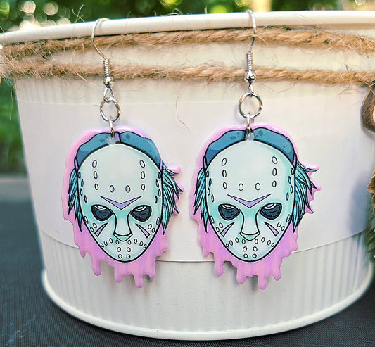 HALLOWEEN Pink Jason Mask Acrylic Dangle Earrings