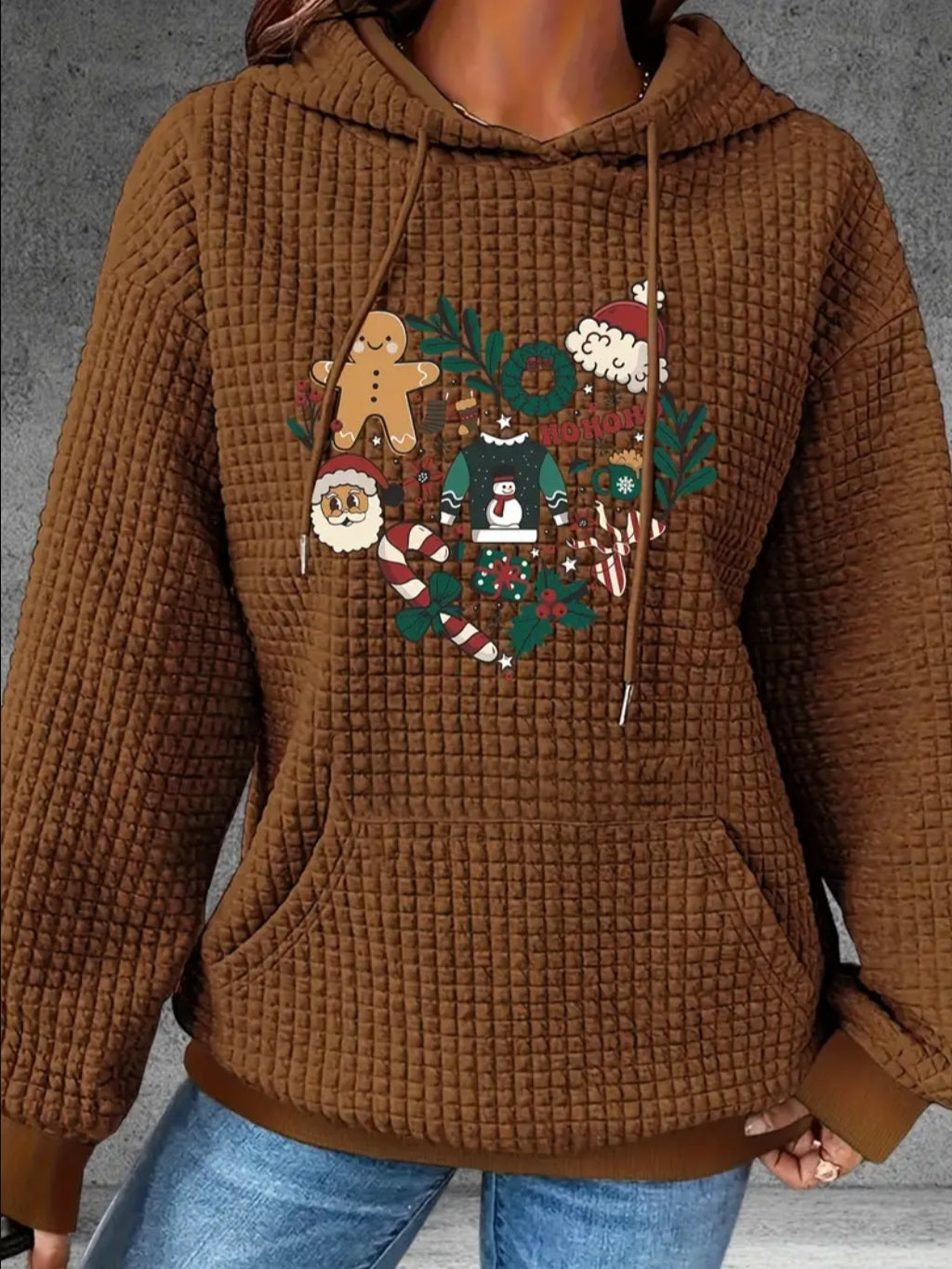 PREORDER Christmas Heart Knit Waffle Pullover Hooded Sweater