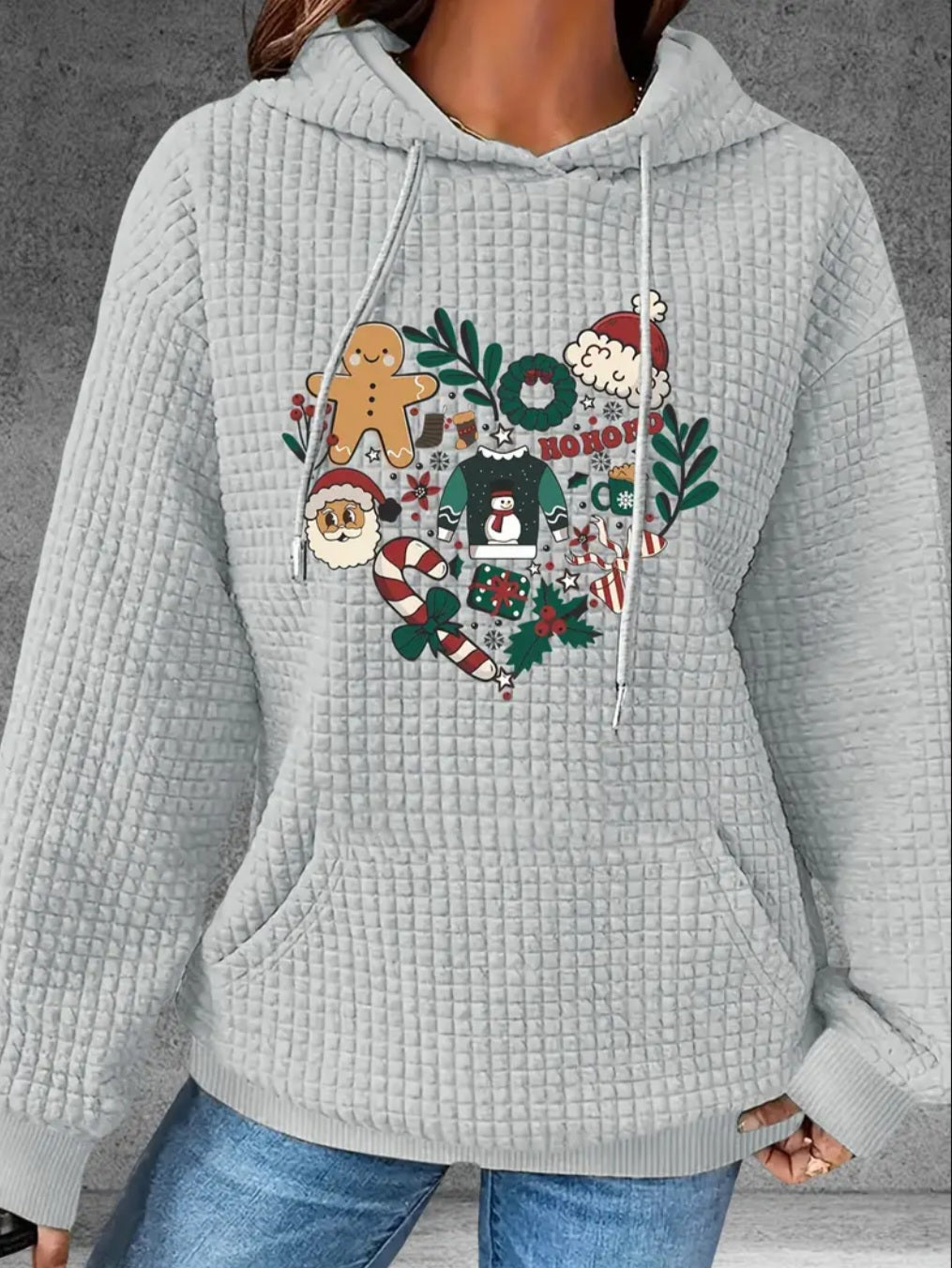 PREORDER Christmas Heart Knit Waffle Pullover Hooded Sweater