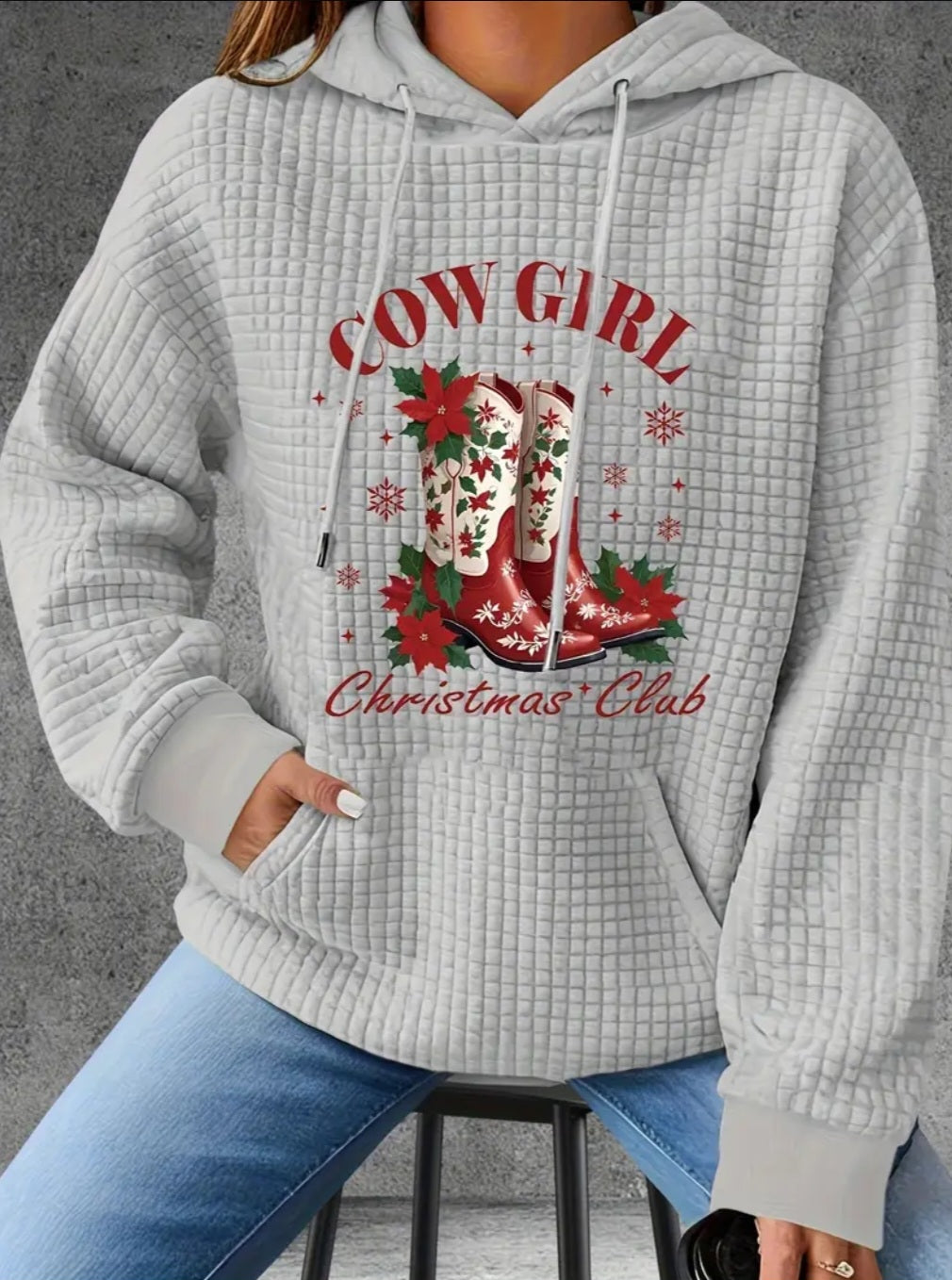 PREORDER Christmas Cow Girl Christmas Club Knit Waffle Pullover Hooded Sweater