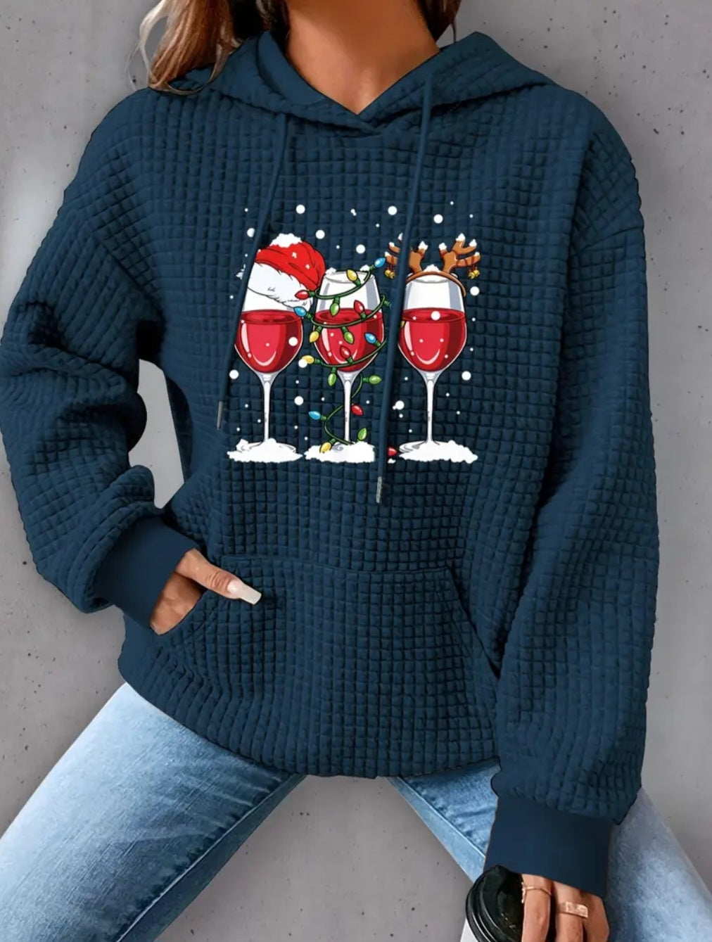 PREORDER Christmas Wine Knit Waffle Pullover Hooded Sweater