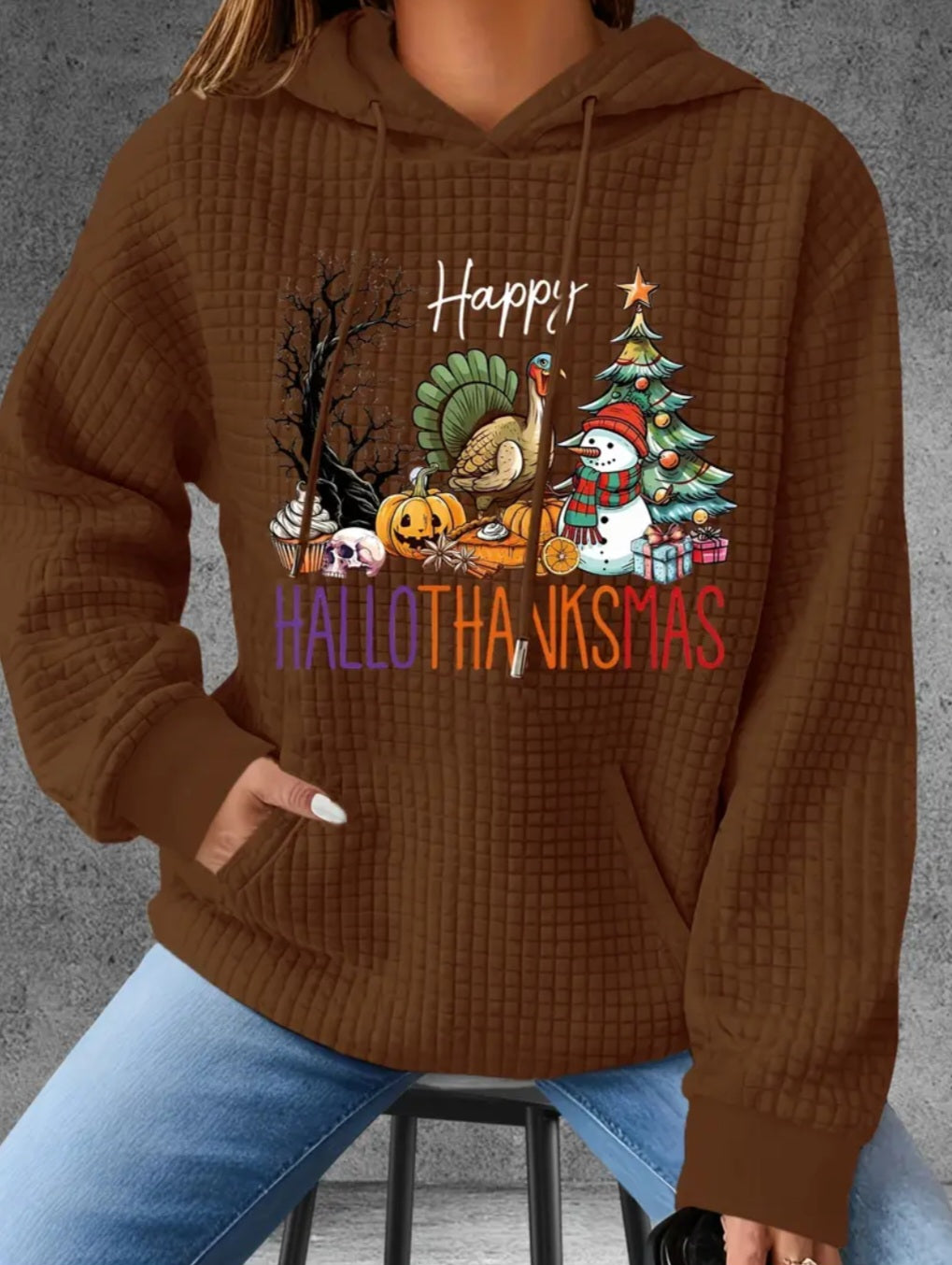 PREORDER Happy Hallothanksmas Knit Waffle Pullover Hooded Sweater