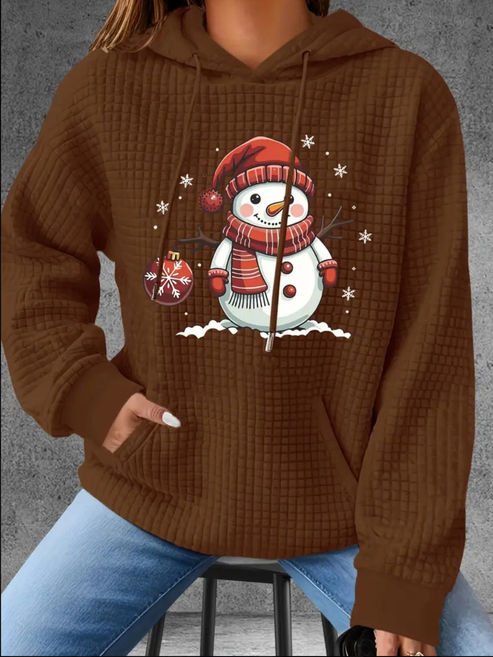 PREORDER Christmas Snowflake Snowman Knit Waffle Pullover Hooded Sweater