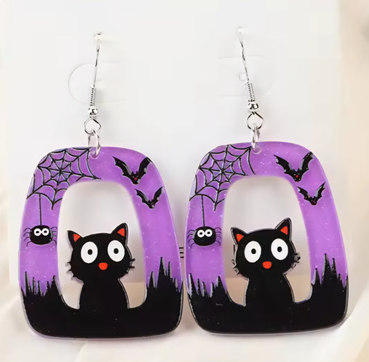 PREORDER Halloween Black Cat & Bats Acrylic Dangle Earrings