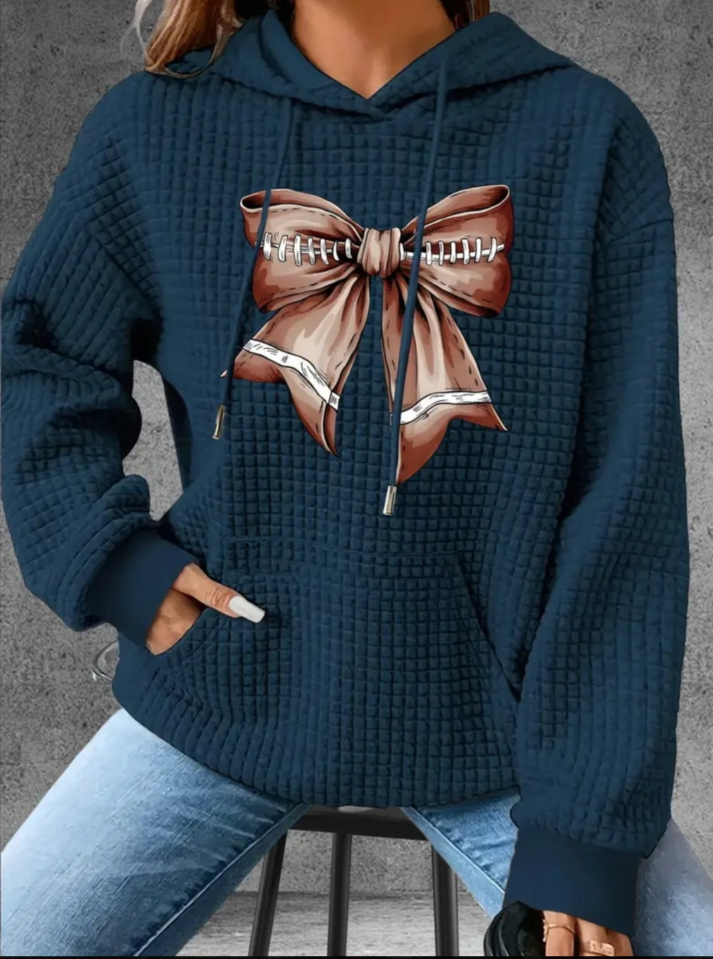 PREORDER Football Bow Knit Waffle Pullover Hooded Sweater