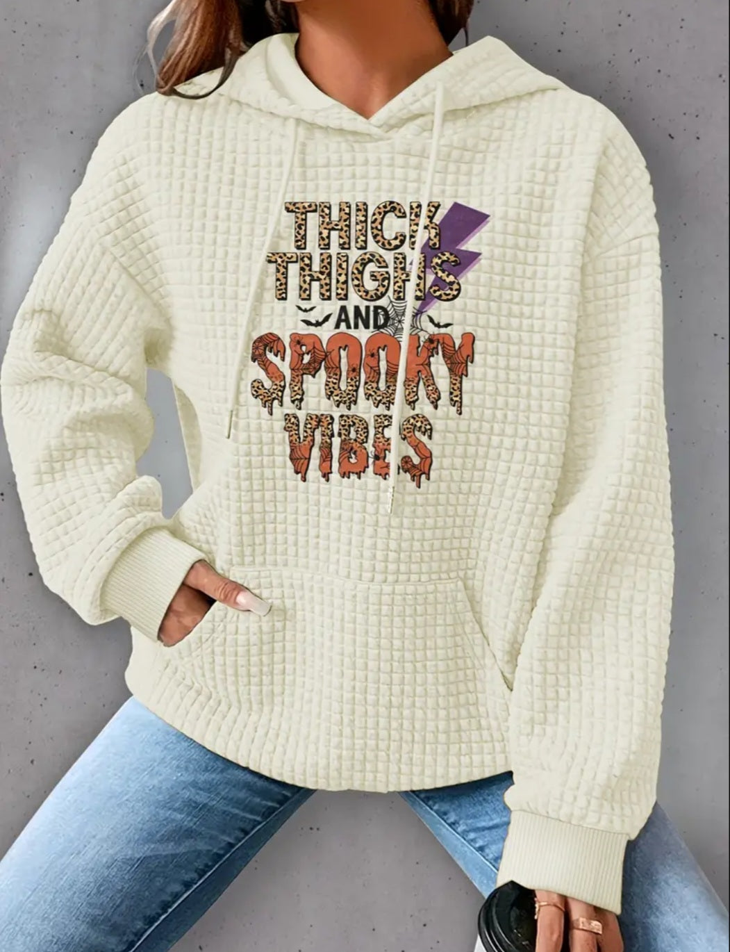 PREORDER Halloween Thick Thighs And Spooky Vibes Knit Waffle Pullover Hooded Sweater