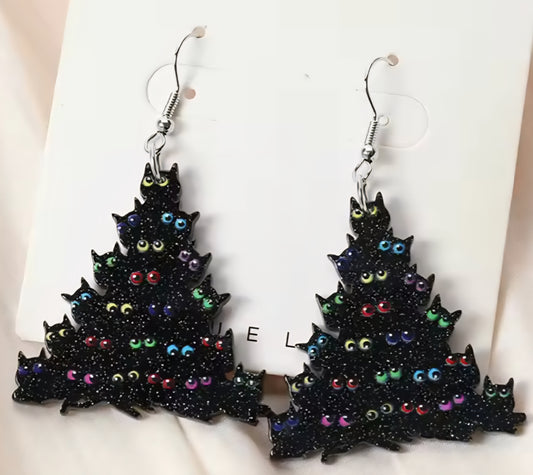 PREORDER Christmas Black Kitty Tree Acrylic Earrings
