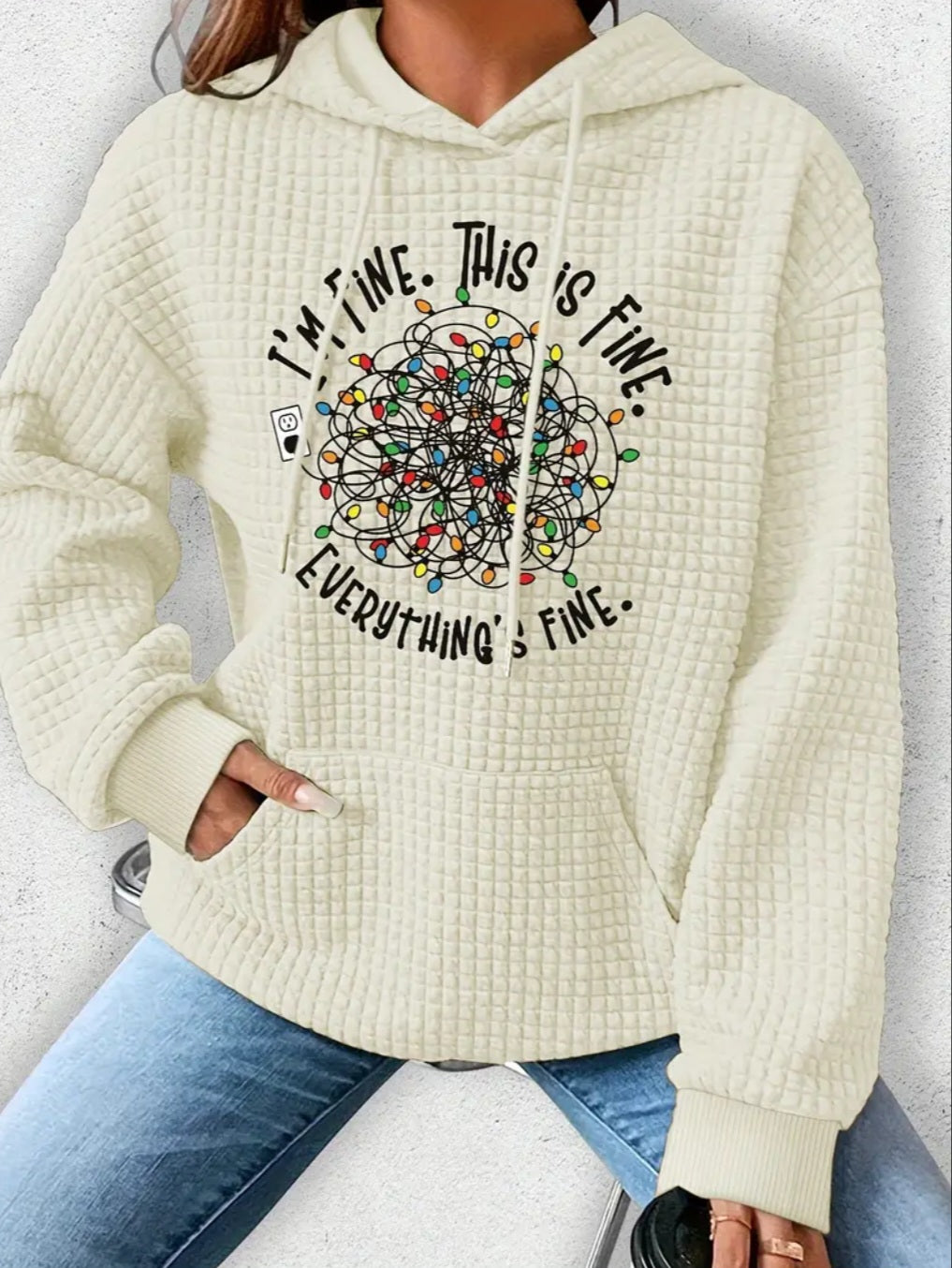 PREORDER Christmas Everything's Fine Knit Waffle Pullover Hooded Sweater