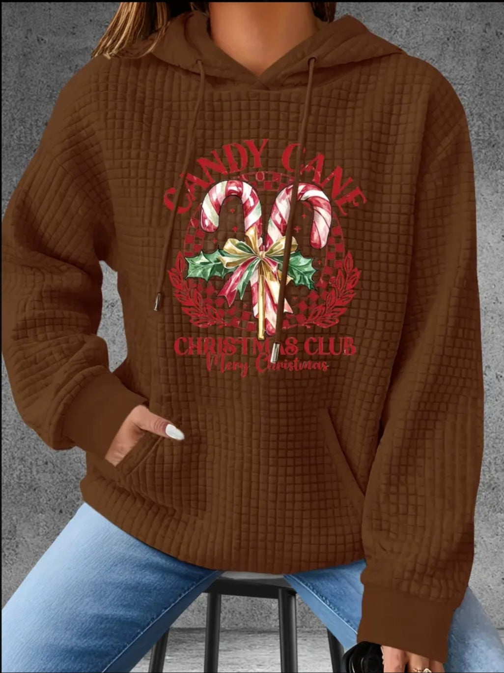 PREORDER Christmas Candy Cane Christmas Club Knit Waffle Pullover Hooded Sweater