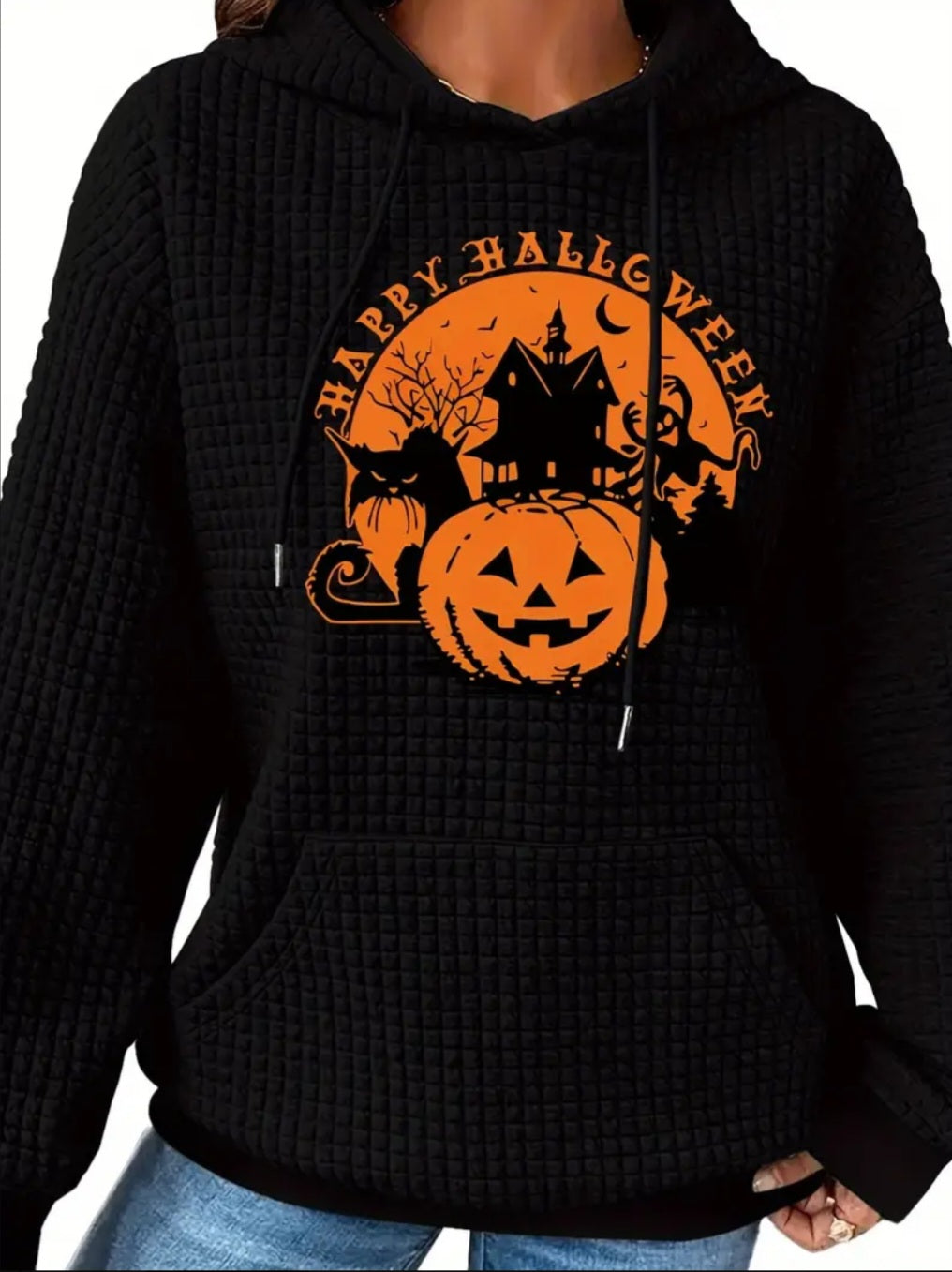 PREORDER Happy Halloween Knit Waffle Pullover Hooded Sweater