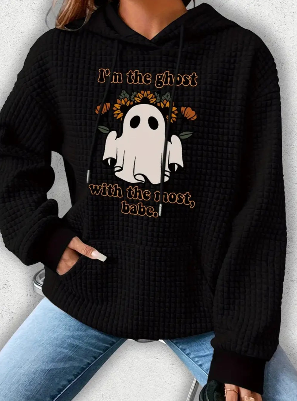 PREORDER Halloween Ghost With The Most Knit Waffle Pullover Hooded Sweater