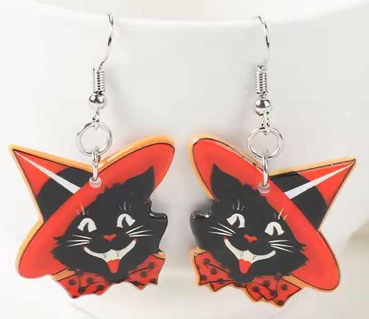 PREORDER Halloween Vintage Black Cat Acrylic Dangle Earrings