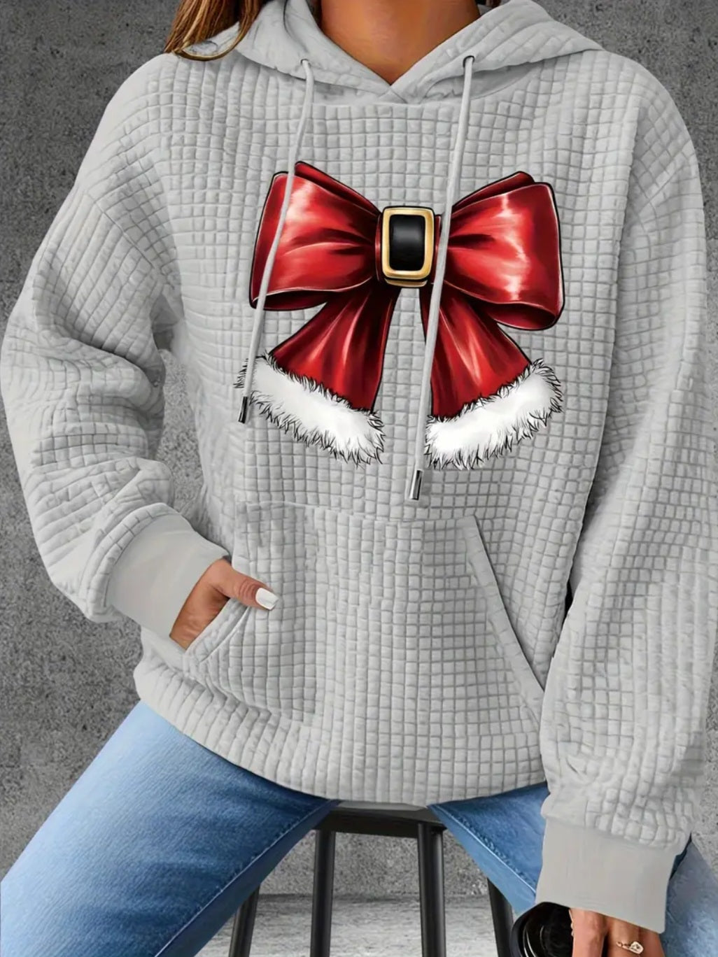 PREORDER Christmas Santa Bow Knit Waffle Pullover Hooded Sweater
