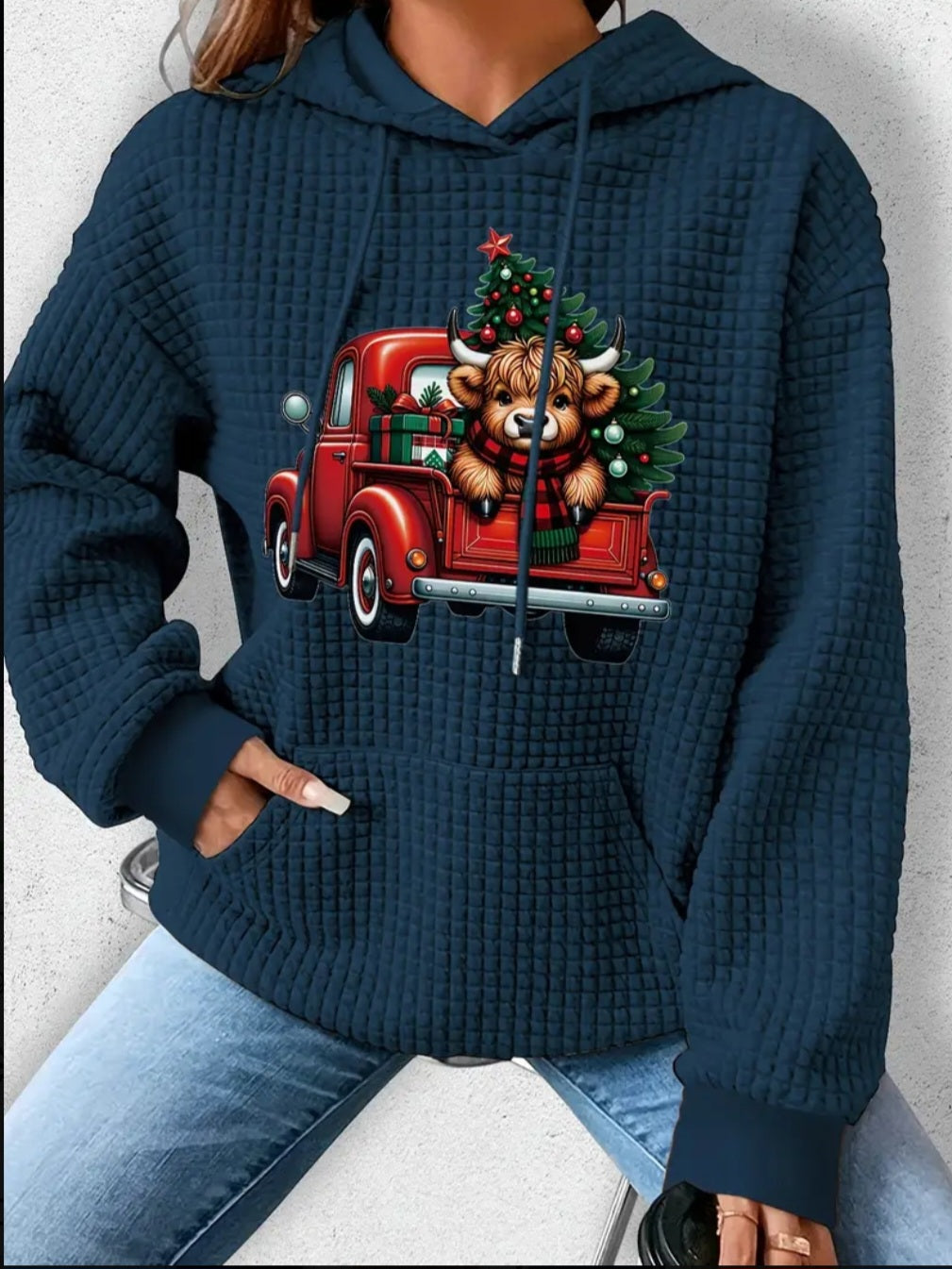PREORDER Christmas Red Truck & Highlander Cow Knit Waffle Pullover Hooded Sweater