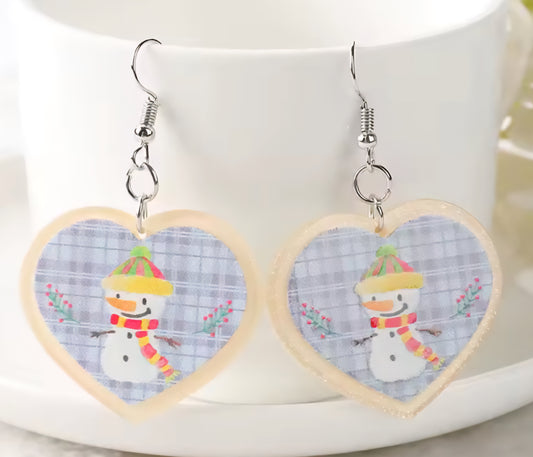 PREORDER Christmas Snowman Heart Acrylic Dangle Earrings
