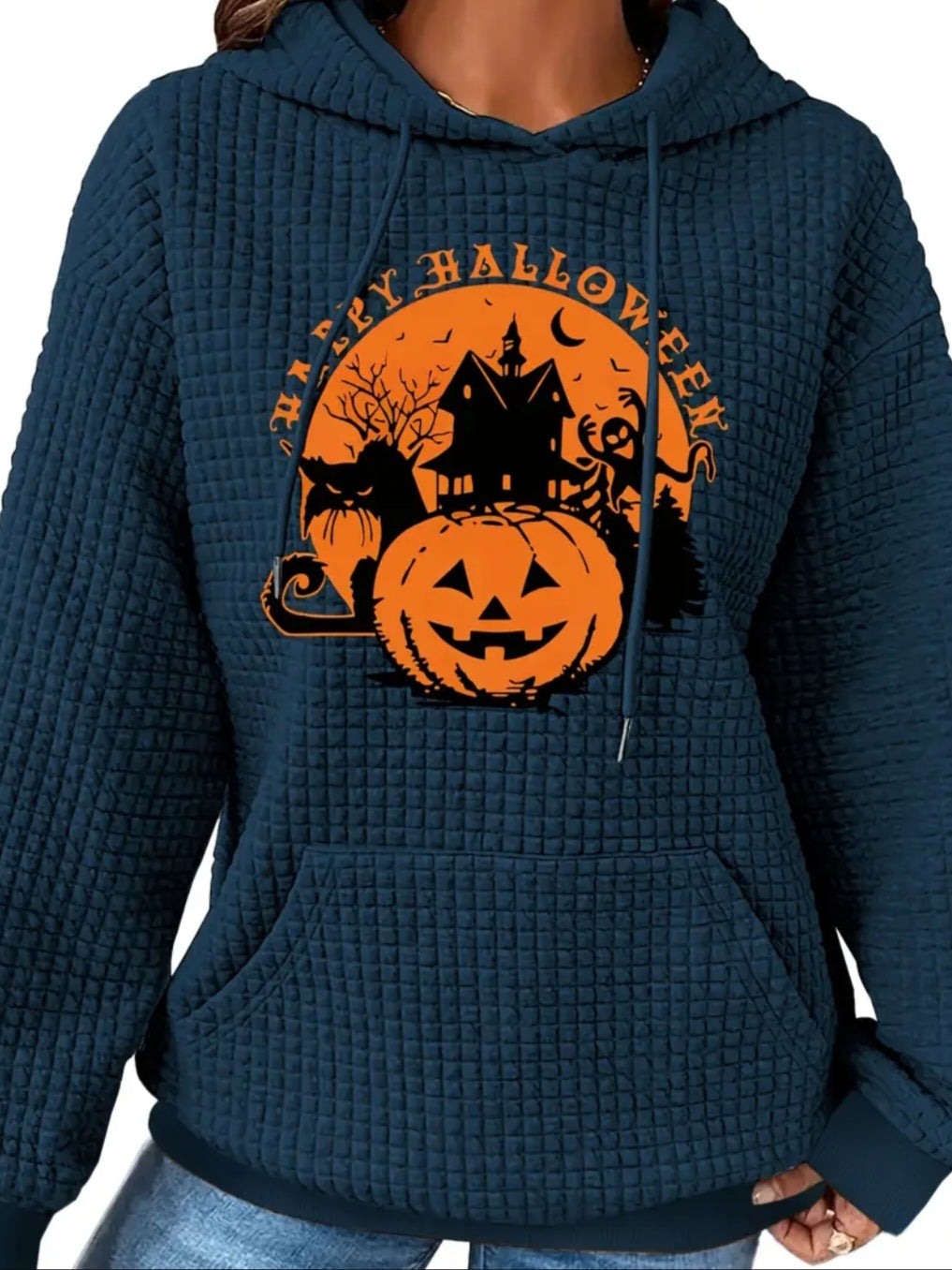 PREORDER Happy Halloween Knit Waffle Pullover Hooded Sweater