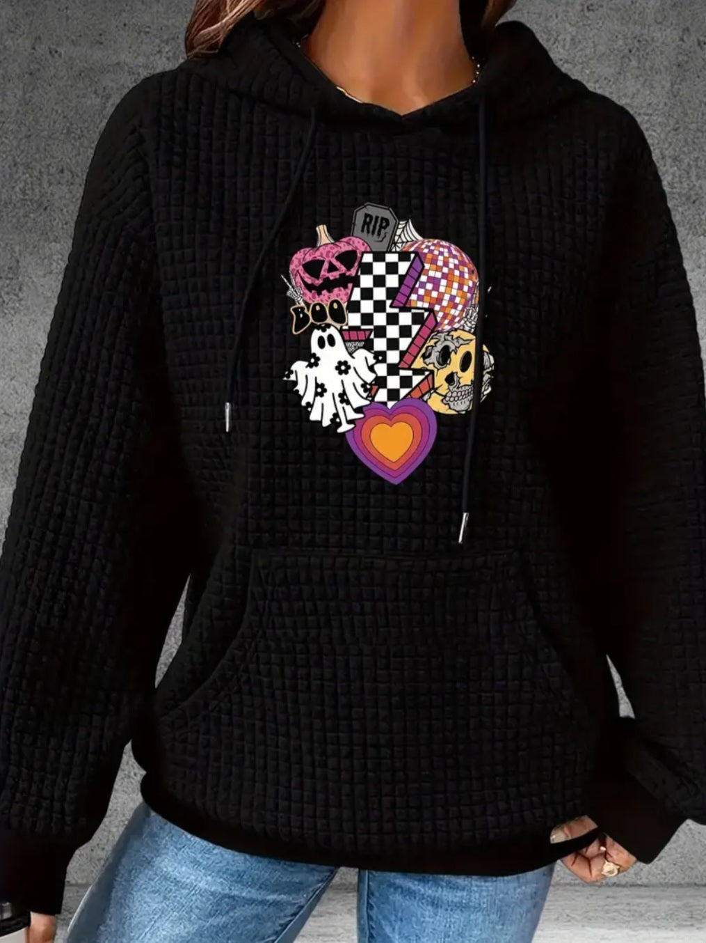 PREORDER Halloween Boo Checkered Lightning Bolt Knit Waffle Pullover Hooded Sweater