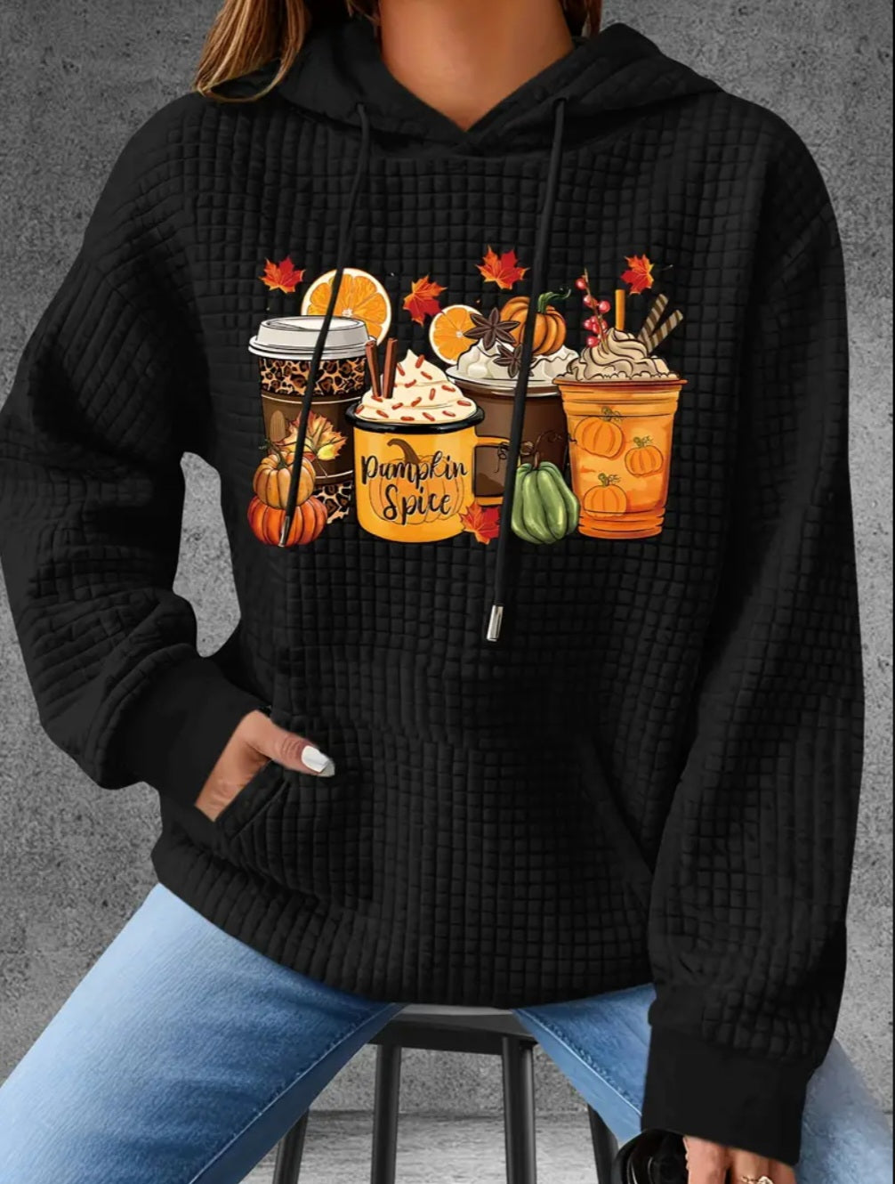 PREORDER Pumpkin Spice Frappes Knit Waffle Pullover Hooded Sweater