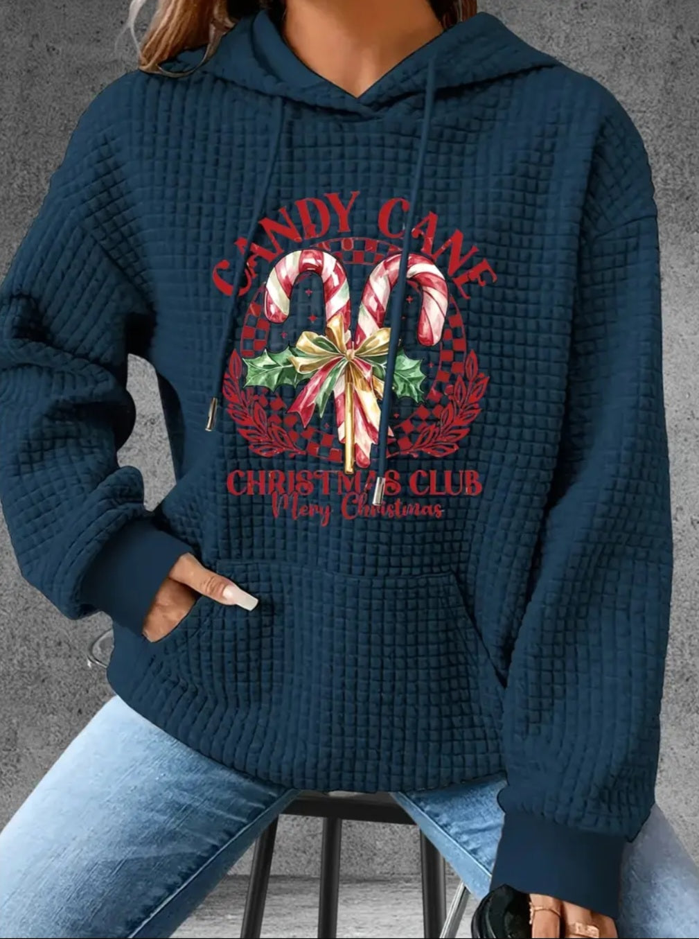PREORDER Christmas Candy Cane Christmas Club Knit Waffle Pullover Hooded Sweater