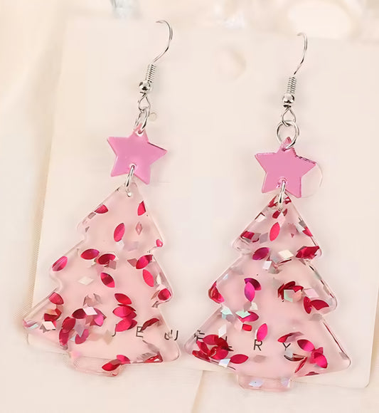 PREORDER Christmas Pink Star Pink Flake Tree Acrylic Dangle Earrings