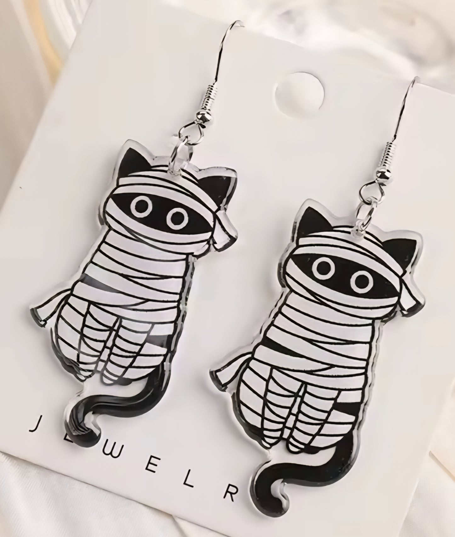 PREORDER Halloween Mummy Cat Acrylic Dangle Earrings