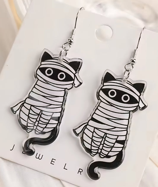 PREORDER Halloween Mummy Cat Acrylic Dangle Earrings