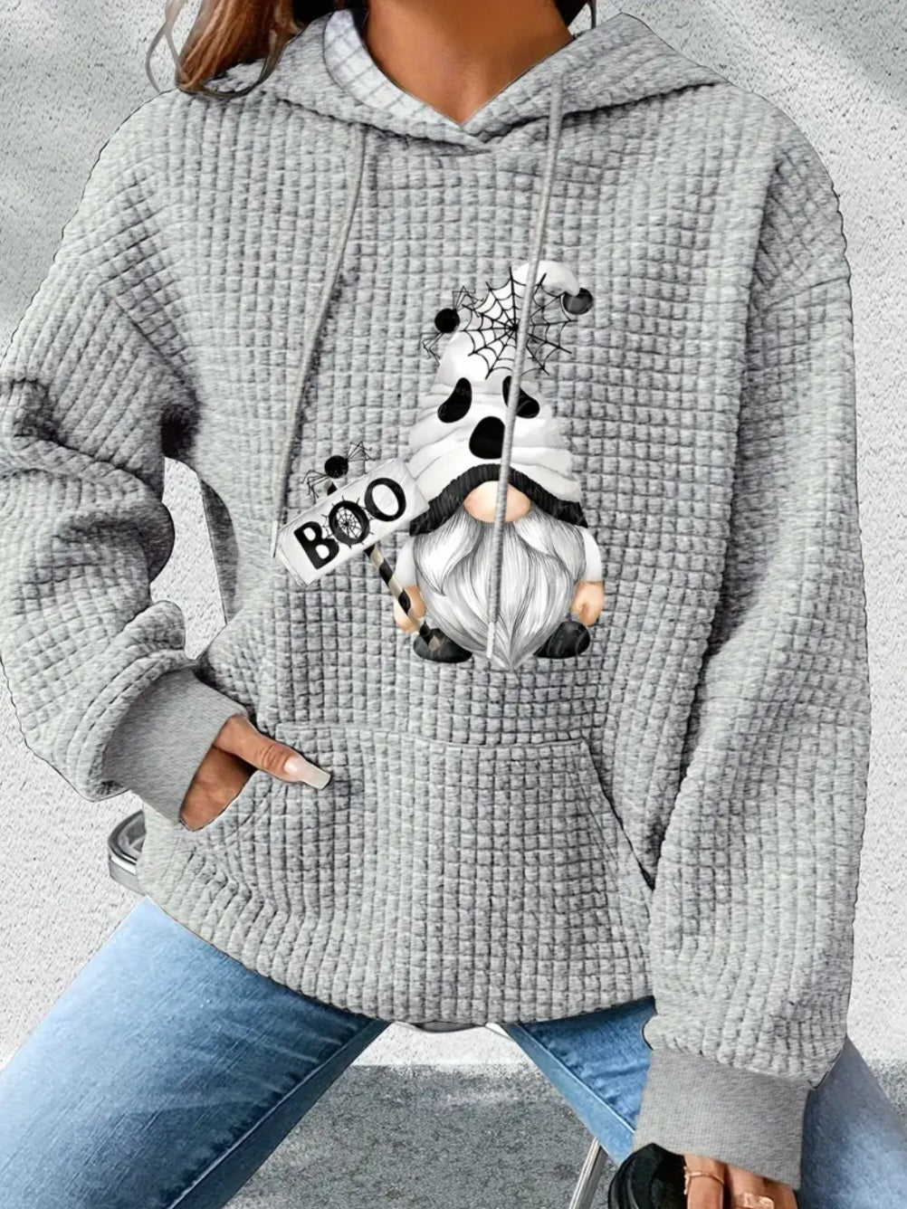 PREORDER Halloween Boo Gnome Knit Waffle Pullover Hooded Sweater