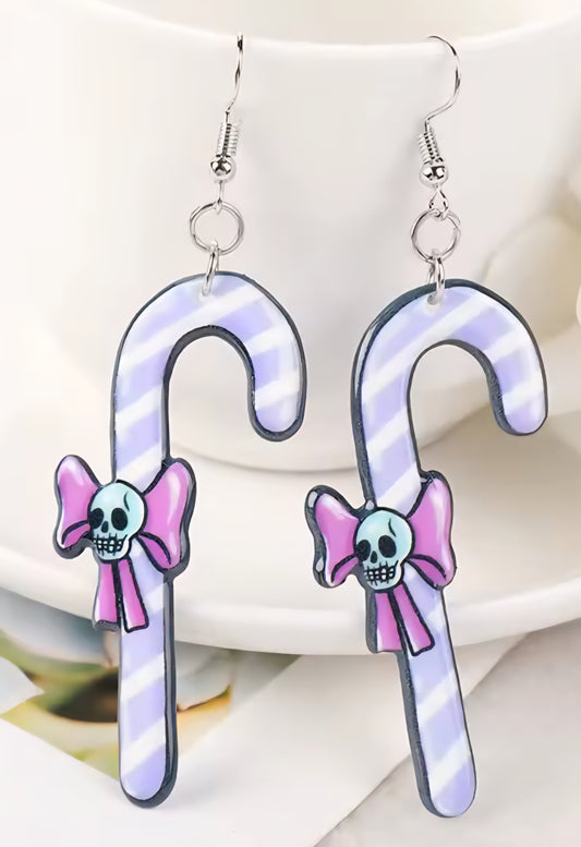 PREORDER Halloween Candy Cane Skull Acrylic Dangle Earrings