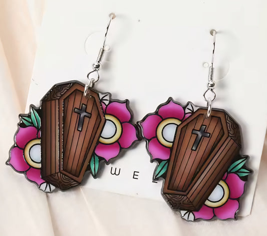 PREORDER Halloween Floral Coffin Acrylic Dangle Earrings