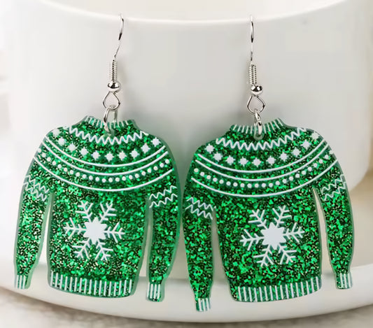 PREORDER Christmas Green Snowflake Sweater Acrylic Dangle Earrings