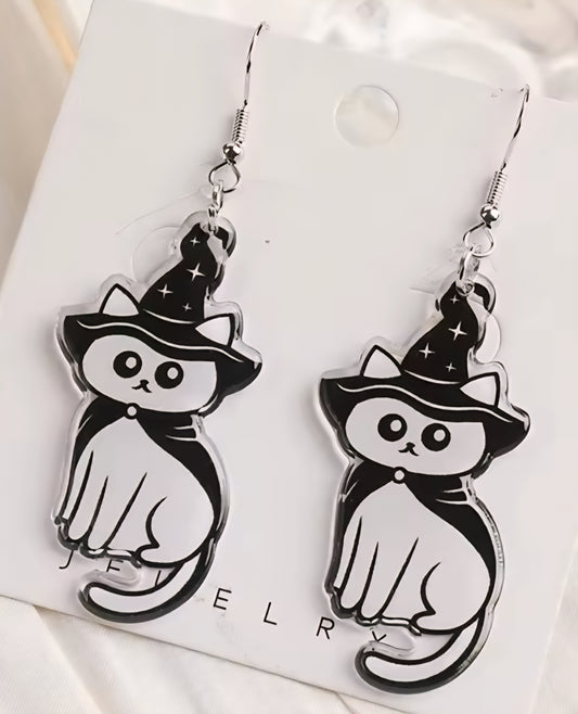 PREORDER Halloween Witch Kitty Acrylic Dangle Earrings