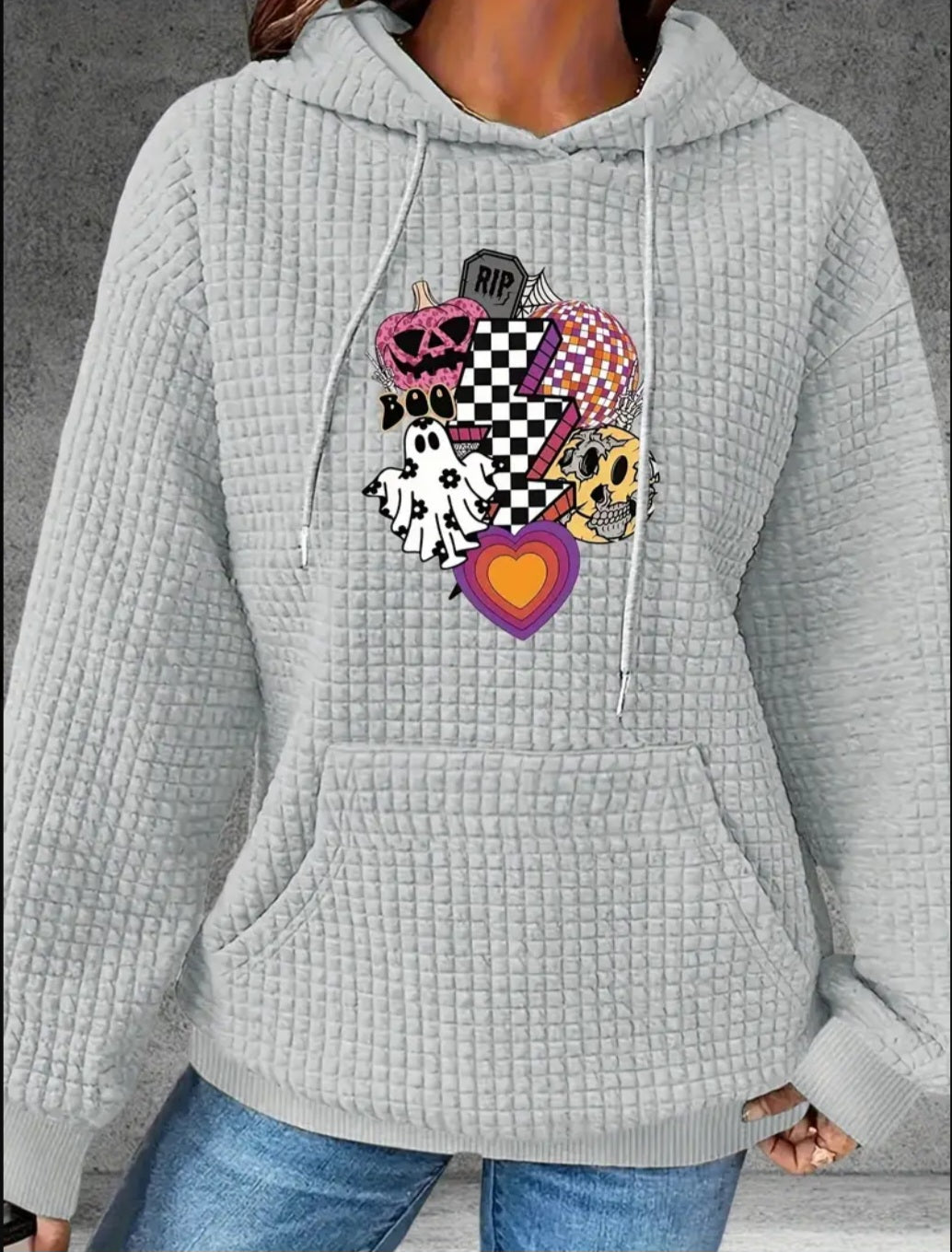 PREORDER Halloween Boo Checkered Lightning Bolt Knit Waffle Pullover Hooded Sweater