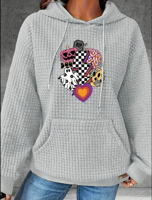 PREORDER Halloween Boo Checkered Lightning Bolt Knit Waffle Pullover Hooded Sweater