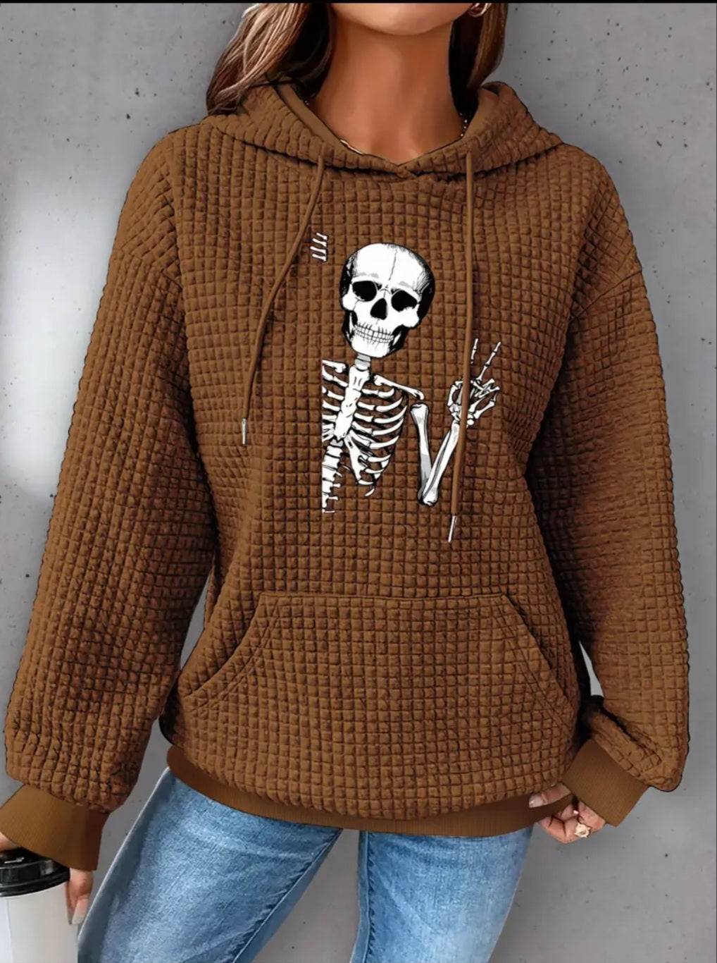 PREORDER Halloween Peace Skeleton Knit Waffle Pullover Hooded Sweater